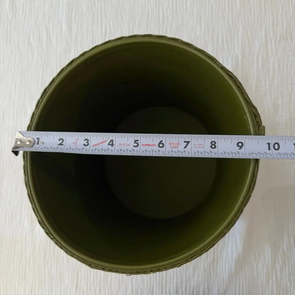Vintage Trash Can Avocado Green Wicker Woven Round Cylinder 13 x 9 Cottage Farm